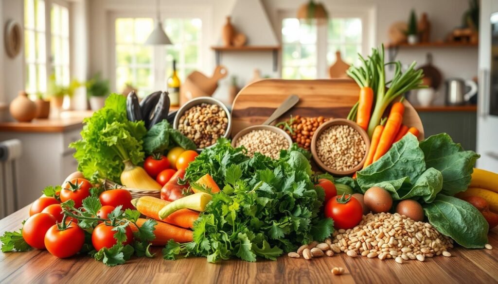 A vibrant, colorful scene of a bountiful, healthy meal. In the foreground, a wooden table is set with a variety of fresh, vibrant vegetables - leafy greens, juicy tomatoes, crisp carrots, and more. In the middle ground, a wooden cutting board displays an assortment of whole grains, legumes, and nuts. The background features a sun-dappled kitchen, with natural light streaming in through large windows, creating a warm, inviting atmosphere. The scene conveys a sense of balance, nourishment, and the importance of a diverse, plant-based diet. Lit with soft, natural lighting and captured with a wide-angle lens to emphasize the abundance and harmony of the healthy meal.