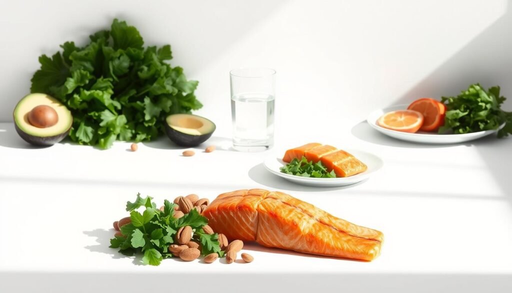 A vibrant, minimalist illustration of a low-carb diet. In the foreground, an assortment of low-carb foods such as leafy greens, avocado, nuts, and olive oil are arranged on a clean, white surface, casting soft shadows. The middle ground features a glass of water and a plate of grilled salmon, symbolizing the balance of healthy proteins and fats. In the background, a simple yet sophisticated gradient sets a serene, calming tone. The overall composition conveys the simplicity and nourishment of a low-carb lifestyle, with natural lighting and a muted color palette to create a visually appealing and informative representation of the concept.