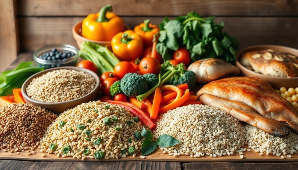 A vibrant still life composition showcasing an array of satiating foods on a rustic wooden table. In the foreground, a variety of whole grains such as quinoa, brown rice, and oats are arranged artfully. In the middle ground, an assortment of colorful vegetables including broccoli, spinach, and bell peppers takes center stage. In the background, a selection of lean proteins like chicken, fish, and legumes completes the display. Soft, natural lighting casts a warm glow over the scene, highlighting the earthy tones and textures of the ingredients. The overall composition conveys a sense of nourishment, balance, and the importance of mindful eating during a fasting regimen.