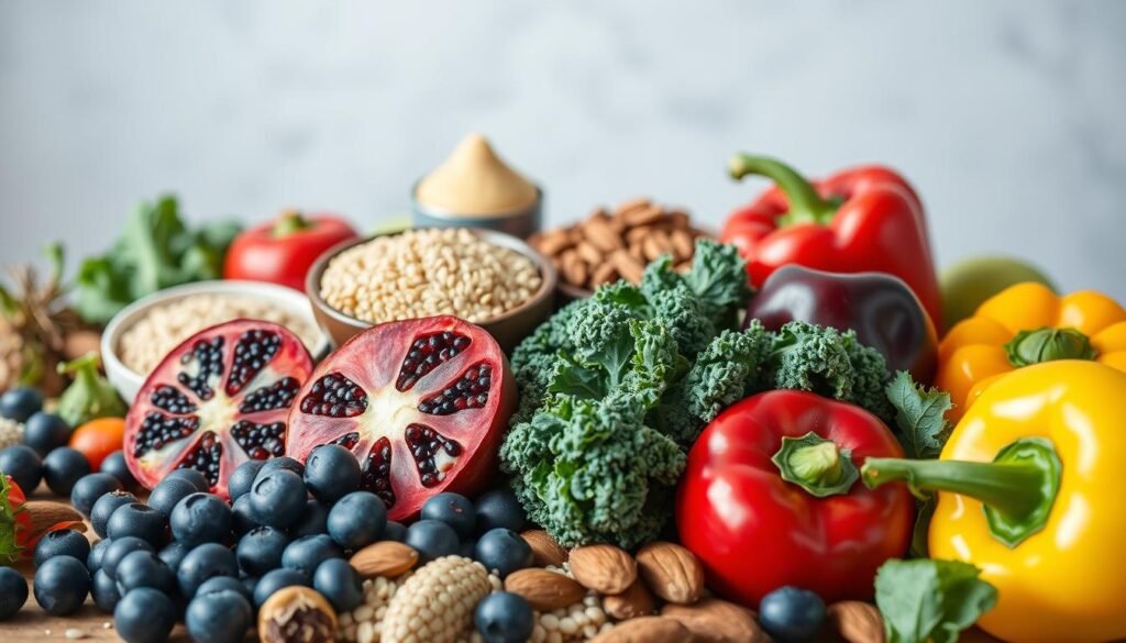 A vibrant still life depicting an assortment of natural antioxidant-rich foods. In the foreground, arrange a variety of fresh fruits and vegetables, such as blueberries, pomegranate, kale, and bell peppers, showcasing their vivid colors and textures. In the middle ground, incorporate some whole grains like quinoa and nuts like almonds, highlighting their antioxidant properties. Set the scene against a simple, softly-lit background, evoking a sense of health and wellness. Utilize natural lighting and a shallow depth of field to create a warm, inviting atmosphere that captures the essence of wholesome, antioxidant-rich ingredients.