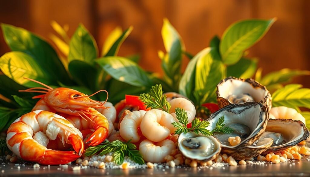 A vibrant still life showcasing an assortment of succulent seafood delights - juicy shrimp, tender scallops, and glistening oysters artfully arranged against a backdrop of lush, verdant leaves. Warm, golden lighting casts a soft glow, creating an inviting, natural atmosphere. The scene evokes the bounty of the ocean, yet hints at the potential risks for those with food allergies, the mood both celebratory and cautionary. Captured through the lens of a high-resolution camera, the image conveys the complexity and nuance of this topic with clarity and visual impact.