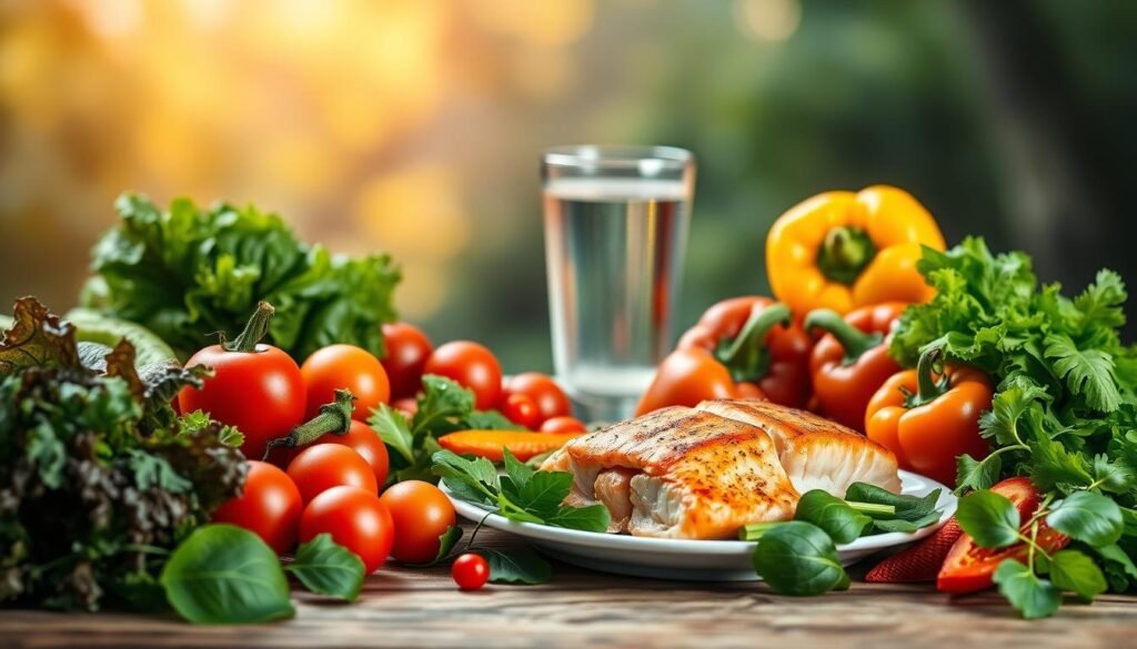 A vibrant still life showcasing the key benefits of a low-carb diet. In the foreground, a variety of fresh vegetables - crisp leafy greens, juicy tomatoes, and crunchy bell peppers - arranged in an elegant composition. In the middle ground, a plate of grilled salmon and a glass of water, symbolizing the emphasis on healthy proteins and hydration. The background features a serene, natural setting with soft, warm lighting illuminating the scene, creating a sense of balance and wellness. The overall atmosphere evokes a feeling of rejuvenation and nourishment, perfectly capturing the essence of the "Benefícios da Dieta Low Carb" section.
