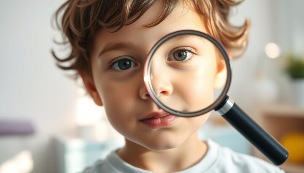 A young child's face, bathed in soft, natural light, with a gentle, curious expression. In the middle ground, a magnifying glass hovers, casting a warm glow and inviting the viewer to explore the details. In the background, a clean, minimalist medical setting, with hints of soothing colors and calming shapes, conveying a sense of care and professionalism. The overall mood is one of early detection, empathy, and a child-centric approach to diagnosing allergies, reflecting the importance of the early diagnosis.