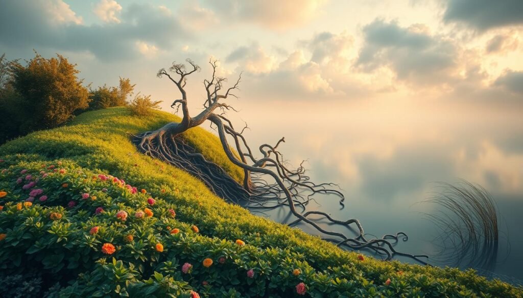 Connection between Dysbiosis and Mental Health A serene, flowing landscape representing the intricate link between gut microbiome imbalance and its profound impact on mental wellbeing. In the foreground, a vibrant, bountiful garden symbolizes a healthy, balanced gut microbiome, its lush greenery and blooming flowers casting a warm, comforting glow. Transitioning into the middle ground, twisted, tangled roots emerge, symbolizing the disruption of the gut-brain axis during dysbiosis. In the background, a tranquil, reflective pond mirrors an ethereal, clouded sky, evoking the complex, intertwined relationship between gut health and mental state. Soft, diffused lighting casts a contemplative, introspective atmosphere, urging the viewer to consider the delicate, yet powerful connection between the gut and the mind.