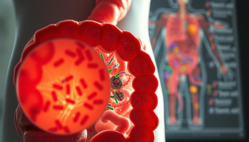 Diagnostic of Dysbiosis: A detailed cross-section of the human gut, illuminated by soft, natural lighting. In the foreground, a magnified view of the gut lining, showcasing the delicate balance of beneficial and pathogenic microbes. The middle ground depicts the complex interplay of the gut microbiome, with vibrant colors and textures representing the diverse microbial communities. In the background, a subtly blurred anatomical diagram provides context, highlighting the gut's vital role in overall health. The composition conveys a sense of scientific introspection, inviting the viewer to explore the intricacies of this crucial physiological system.