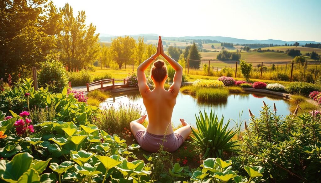 Vibrant landscape of a lush, verdant garden filled with a variety of thriving plants and vegetables. In the foreground, a person engaged in gentle yoga poses, bathed in warm, soft lighting that creates a serene, relaxing atmosphere. The middle ground features a picturesque pond with crystal-clear water and a small wooden bridge, surrounded by a variety of flowering plants and herbs. In the background, a peaceful countryside setting with rolling hills and a clear, azure sky. The overall scene conveys a sense of harmony, balance, and a healthy, sustainable lifestyle.