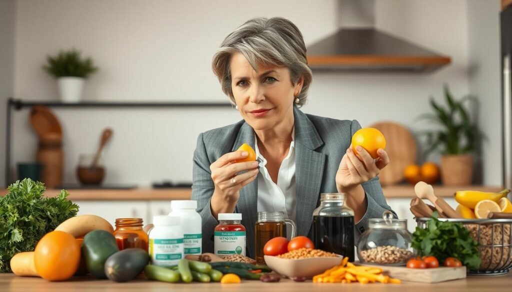 A middle-aged woman, dressed in professional business attire, thoughtfully examining a variety of healthy foods on a table, symbolizing nutritional changes after menopause. Foreground features the woman, her face showing a thoughtful expression as she holds a piece of fruit, surrounded by vibrant vegetables and whole grains. In the middle, an array of nutrition-focused items like supplements and herbal teas is neatly displayed, reflecting new dietary needs. The background includes a softly lit kitchen with plants and a few cooking utensils, adding warmth to the scene. Use soft, natural lighting to create a calm and inviting atmosphere, capturing the essence of empowerment during this life transition. The angle should be slightly elevated, focusing on the subjects while maintaining a sense of space.