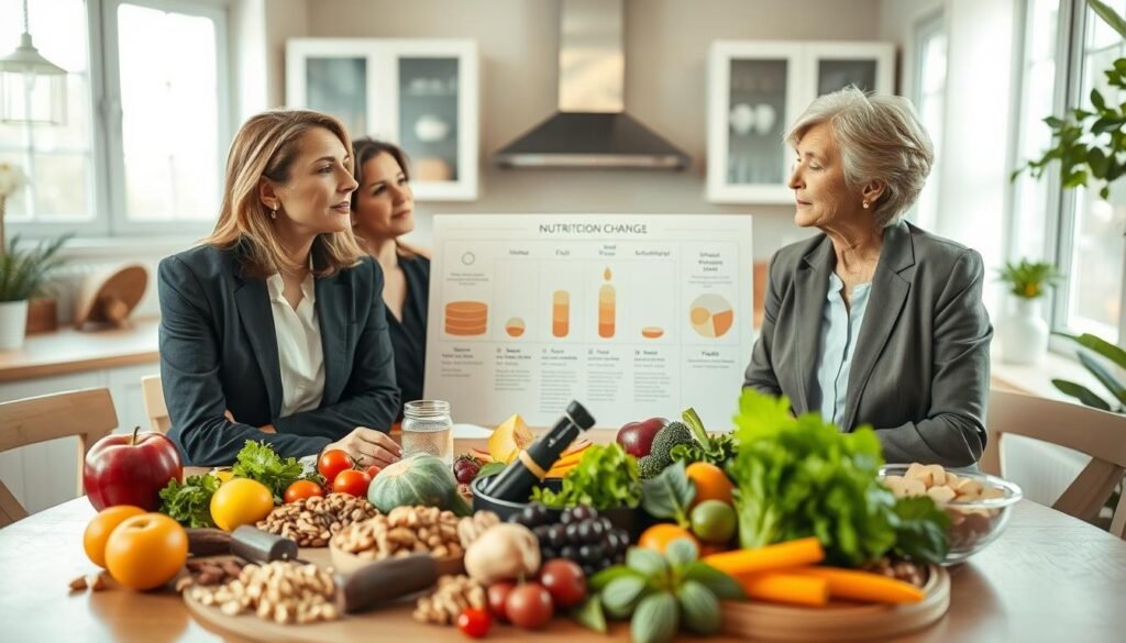 A serene and informative scene depicting the nutritional changes during menopause, designed to reflect the physiological transformations women experience after age 50. In the foreground, a diverse group of three women of varying ages and ethnicities, dressed in professional business attire, are engaged in a thoughtful discussion over a table filled with healthy foods like leafy greens, fruits, nuts, and whole grains. In the middle ground, a large infographic or visual representation of hormones, vitamins, and minerals is subtly placed, illustrating nutritional needs. The background features a softly lit kitchen or dining area with natural light streaming through a window, creating a warm and inviting atmosphere. Use soft focus and a slight overhead angle to emphasize the discussion and encourage a sense of camaraderie and positive energy.