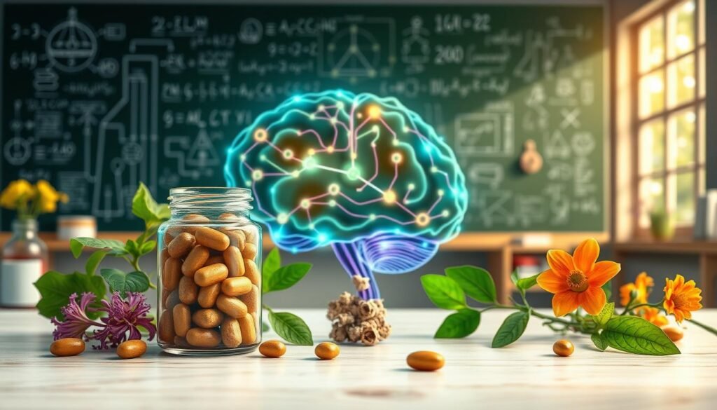 A detailed and vibrant illustration showcasing the intricate field of neuroscience and natural nootropics. In the foreground, depict a close-up of a glass vial containing vibrant herbal supplements, surrounded by fresh plants like Ginkgo biloba and Rhodiola rosea. The middle ground should feature a brain made of interconnected neural pathways, glowing with soft blue and green lights, symbolizing cognitive enhancement. In the background, create a laboratory setting with a chalkboard filled with complex diagrams and equations, softly illuminated by natural light coming from a large window. The atmosphere should convey a blend of scientific curiosity and natural vitality, inviting the viewer into the world of cognitive science and intelligent longevity. A detailed and vibrant illustration showcasing the intricate field of neuroscience and natural nootropics. In the foreground, depict a close-up of a glass vial containing vibrant herbal supplements, surrounded by fresh plants like Ginkgo biloba and Rhodiola rosea. The middle ground should feature a brain made of interconnected neural pathways, glowing with soft blue and green lights, symbolizing cognitive enhancement. In the background, create a laboratory setting with a chalkboard filled with complex diagrams and equations, softly illuminated by natural light coming from a large window. The atmosphere should convey a blend of scientific curiosity and natural vitality, inviting the viewer into the world of cognitive science and intelligent longevity.