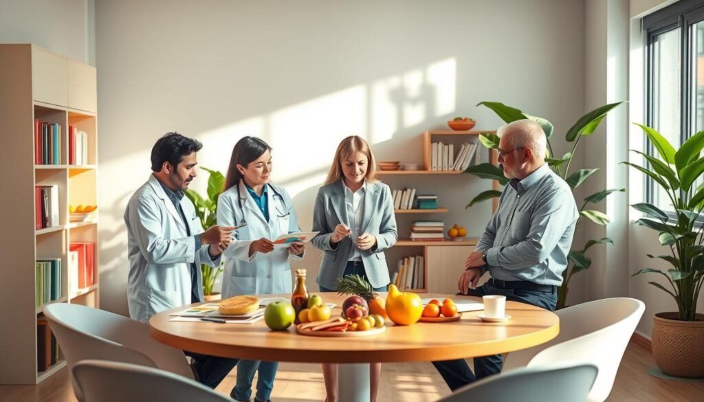 A dynamic scene illustrating "Nutrologia Comportamental," featuring a warm, well-lit consultation room with a round table at the center. In the foreground, a diverse group of three professionals – a male nutritionist in a white coat, a female psychologist in business casual, and a middle-aged man in a smart shirt – engage in a discussion, analyzing colorful charts and food models. In the middle ground, shelves stocked with nutritional books and colorful fruit bowls add depth and context. Soft, natural light filters through a window, casting gentle shadows, creating an inviting and professional atmosphere. The background should showcase a lush green plant, symbolizing growth and vitality, enhancing the theme of healthy habits for longevity. The image conveys a blend of innovation, expertise, and collaboration in healthcare. A dynamic scene illustrating "Nutrologia Comportamental," featuring a warm, well-lit consultation room with a round table at the center. In the foreground, a diverse group of three professionals – a male nutritionist in a white coat, a female psychologist in business casual, and a middle-aged man in a smart shirt – engage in a discussion, analyzing colorful charts and food models. In the middle ground, shelves stocked with nutritional books and colorful fruit bowls add depth and context. Soft, natural light filters through a window, casting gentle shadows, creating an inviting and professional atmosphere. The background should showcase a lush green plant, symbolizing growth and vitality, enhancing the theme of healthy habits for longevity. The image conveys a blend of innovation, expertise, and collaboration in healthcare.