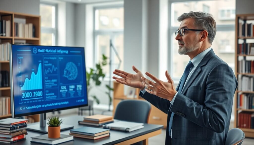 A knowledgeable male doctor, Dr. Jô Furlan, in professional business attire, engaged in a dynamic discussion with an AI interface displayed on a sleek digital screen. The scene is set in a modern, well-lit office filled with books on nutrition and artificial intelligence, creating an academic atmosphere. In the foreground, Dr. Furlan, with a thoughtful expression, gestures towards the screen, which shows graphs and data highlighting the intersection of AI and nutrology for longevity. The middle ground features a stylish desk cluttered with health-related journals and a potted plant, while the background showcases shelves lined with nutrition texts. Soft, natural lighting filters through large windows, creating a warm and inviting ambiance. The composition should be captured from a slightly elevated angle to highlight both the doctor and the technology. A knowledgeable male doctor, Dr. Jô Furlan, in professional business attire, engaged in a dynamic discussion with an AI interface displayed on a sleek digital screen. The scene is set in a modern, well-lit office filled with books on nutrition and artificial intelligence, creating an academic atmosphere. In the foreground, Dr. Furlan, with a thoughtful expression, gestures towards the screen, which shows graphs and data highlighting the intersection of AI and nutrology for longevity. The middle ground features a stylish desk cluttered with health-related journals and a potted plant, while the background showcases shelves lined with nutrition texts. Soft, natural lighting filters through large windows, creating a warm and inviting ambiance. The composition should be captured from a slightly elevated angle to highlight both the doctor and the technology.