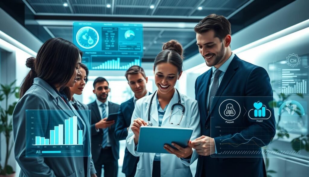 A modern healthcare scene illustrating the impact of artificial intelligence in nutrition for longevity. In the foreground, a diverse group of professionals in smart business attire, including a physician and a nutritionist, are engaged in a dynamic discussion over a digital tablet displaying health data. In the middle ground, advanced AI technologies such as holographic displays of nutritional data and interactive graphs emphasizing personalized health recommendations are visible. The background features a sleek, futuristic healthcare environment with soft lighting and plants, creating a welcoming atmosphere. The mood is one of innovation and collaboration, capturing the essence of a technological revolution in healthcare, particularly focused on nutrition and longevity. High-angle shot, bright white and green color palette. A modern healthcare scene illustrating the impact of artificial intelligence in nutrition for longevity. In the foreground, a diverse group of professionals in smart business attire, including a physician and a nutritionist, are engaged in a dynamic discussion over a digital tablet displaying health data. In the middle ground, advanced AI technologies such as holographic displays of nutritional data and interactive graphs emphasizing personalized health recommendations are visible. The background features a sleek, futuristic healthcare environment with soft lighting and plants, creating a welcoming atmosphere. The mood is one of innovation and collaboration, capturing the essence of a technological revolution in healthcare, particularly focused on nutrition and longevity. High-angle shot, bright white and green color palette.