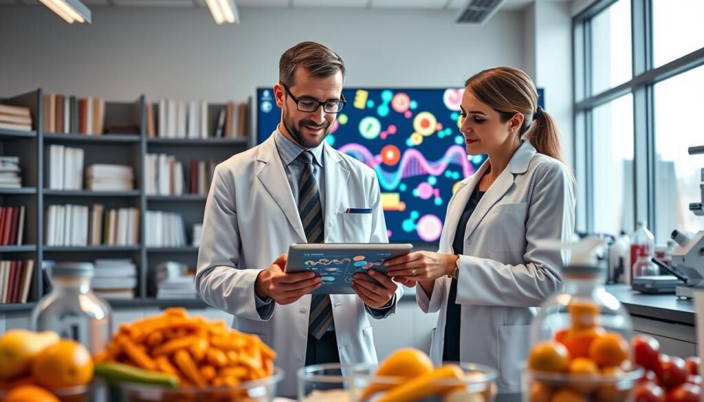 A modern laboratory setting that illustrates the science of personalized nutrition. In the foreground, a diverse group of two professional scientists – one male and one female – both clad in smart business attire, are discussing genetic data while examining a digital tablet displaying DNA sequences and nutritional information. The middle ground features a large screen showcasing colorful molecular structures linked to various foods, representing the connection between DNA and diet. The background is filled with shelves of scientific books and laboratory equipment, softly lit by bright, natural lighting through large windows, creating an atmosphere of innovation and discovery. The image conveys a sense of collaboration and curiosity, emphasizing the advanced aspects of personalized nutrition.