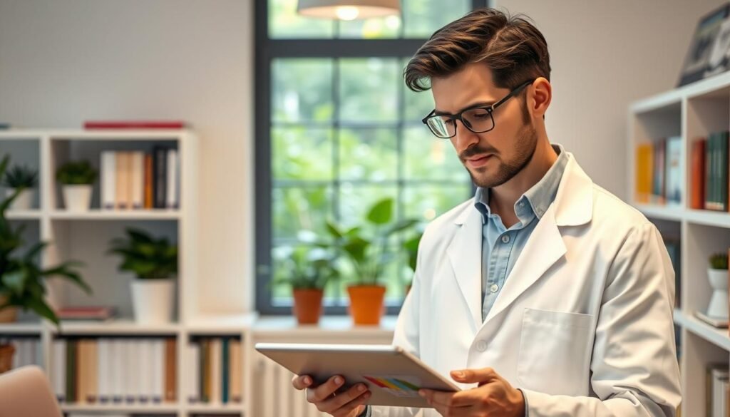 A professional male nutritionist, Dr. Jô Furlan, is depicted in a well-lit office setting that conveys a sense of calm and expertise. He is in the foreground, wearing a crisp white lab coat over a light blue shirt, with a thoughtful expression as he examines nutrition charts on a sleek tablet. In the middle ground, shelves filled with health books and plant-based nutrition materials create an inviting atmosphere. The background features a window revealing a lush green garden, symbolizing natural wellness. Soft, warm lighting enhances the professional ambiance, while a shallow depth of field keeps the focus on Dr. Furlan. The overall mood is one of professionalism and tranquility, aligning with the theme of behavioral nutrition's impact on stress management and longevity. A professional male nutritionist, Dr. Jô Furlan, is depicted in a well-lit office setting that conveys a sense of calm and expertise. He is in the foreground, wearing a crisp white lab coat over a light blue shirt, with a thoughtful expression as he examines nutrition charts on a sleek tablet. In the middle ground, shelves filled with health books and plant-based nutrition materials create an inviting atmosphere. The background features a window revealing a lush green garden, symbolizing natural wellness. Soft, warm lighting enhances the professional ambiance, while a shallow depth of field keeps the focus on Dr. Furlan. The overall mood is one of professionalism and tranquility, aligning with the theme of behavioral nutrition's impact on stress management and longevity.