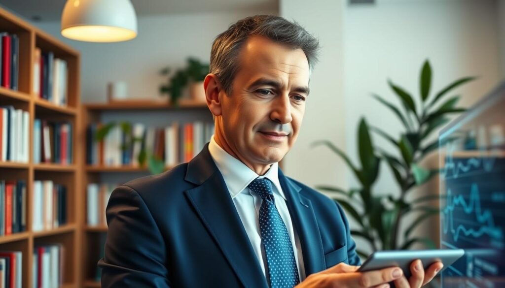 A professional middle-aged man, Dr. Jô Furlan, stands confidently in a modern, well-lit office environment, exuding expertise in behavioral nutrition. He wears a tailored navy blue suit with a crisp white shirt and a subtle patterned tie. His hair is short and neatly styled, revealing thoughtful, intelligent features as he engages with a virtual display of health data. In the background, there are bookshelves filled with medical literature and plants that add a touch of freshness. The lighting is warm and inviting, suggesting a sense of innovation and professionalism. The camera angle is slightly from below, emphasizing his stature as a pioneer in the field. The mood is inspiring and optimistic, reflecting a commitment to enhancing health and longevity through science. A professional middle-aged man, Dr. Jô Furlan, stands confidently in a modern, well-lit office environment, exuding expertise in behavioral nutrition. He wears a tailored navy blue suit with a crisp white shirt and a subtle patterned tie. His hair is short and neatly styled, revealing thoughtful, intelligent features as he engages with a virtual display of health data. In the background, there are bookshelves filled with medical literature and plants that add a touch of freshness. The lighting is warm and inviting, suggesting a sense of innovation and professionalism. The camera angle is slightly from below, emphasizing his stature as a pioneer in the field. The mood is inspiring and optimistic, reflecting a commitment to enhancing health and longevity through science.