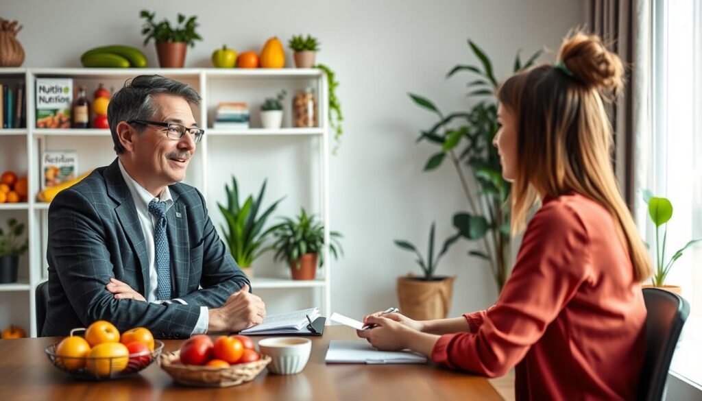 A professional setting showcasing a behavioral nutrition consultation. In the foreground, a middle-aged male nutritionist, Dr. Jô Furlan, in business attire, is engaging with a client, offering personalized advice. The client, a young woman, is sitting at a table, attentively listening, with a notepad and healthy snacks in front of her. In the middle ground, shelves filled with colorful fruits, vegetables, and nutrition books create a vibrant environment. The background features a calming, well-lit room with soft, natural light streaming through a window, plants subtly enhancing the atmosphere. The mood is warm and inviting, emphasizing collaboration and care in nutrition for mental well-being and longevity.