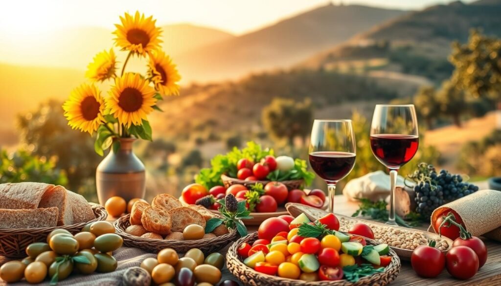 A serene Mediterranean landscape with vibrant colors, focusing on a beautifully arranged table filled with fresh fruits, vegetables, and grains, symbolizing the Mediterranean diet. In the foreground, a selection of olives, whole grain bread, and a colorful salad with tomatoes, cucumbers, and herbs should be prominently displayed. The middle ground features a rustic wooden table set with a Mediterranean-style vase filled with sunflowers, alongside a glass of red wine, enhancing the warm, inviting atmosphere. In the background, gentle hills covered in olive trees and grapevines bask in the golden hour’s soft sunlight, creating a tranquil and healthy ambiance. The overall mood is uplifting and harmonious, emphasizing the celebration of health benefits for brain health associated with the Mediterranean diet.