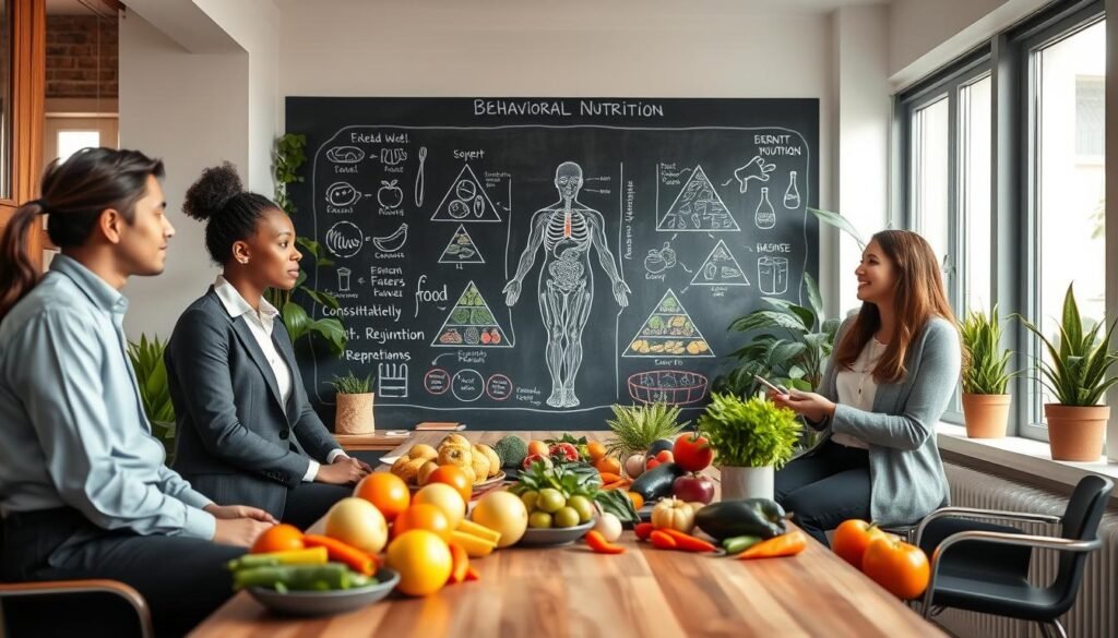 A serene and inviting consultation room focused on behavioral nutrition. In the foreground, a diverse group of three professionals in smart casual attire discussing food choices next to a wooden table adorned with fresh, colorful fruits and vegetables. In the middle, a large chalkboard displays diagrams of the human body mixed with food pyramids, emphasizing the connections between diet and rejuvenation. The background features soft natural light filtering through large windows with potted plants adding a touch of greenery. The mood is calm and inspirational, highlighting a holistic approach to health and wellness in a cozy, modern setting. The perspective captures the collaborative environment, inviting the viewer into the world of behavioral nutrition. A serene and inviting consultation room focused on behavioral nutrition. In the foreground, a diverse group of three professionals in smart casual attire discussing food choices next to a wooden table adorned with fresh, colorful fruits and vegetables. In the middle, a large chalkboard displays diagrams of the human body mixed with food pyramids, emphasizing the connections between diet and rejuvenation. The background features soft natural light filtering through large windows with potted plants adding a touch of greenery. The mood is calm and inspirational, highlighting a holistic approach to health and wellness in a cozy, modern setting. The perspective captures the collaborative environment, inviting the viewer into the world of behavioral nutrition.