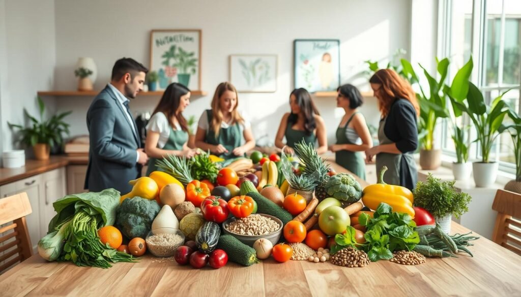 A serene and inviting kitchen setting, highlighting the concept of "Nutrologia Comportamental". In the foreground, a beautifully arranged wooden table displays a vibrant array of fresh fruits, vegetables, whole grains, and herbs, symbolizing mindful nutrition. In the middle ground, a diverse group of individuals of varying ages, dressed in professional and casual attire, engage in a cooking class, demonstrating collaboration and focus on healthy eating. The background features soft natural light streaming through large windows, illuminating green plants and artwork depicting nutrition. The atmosphere is calm and inspiring, reflecting an emphasis on mindfulness and wellness in food choices, evoking a sense of community and personal growth. Use a warm color palette with balanced lighting to create a welcoming vibe.