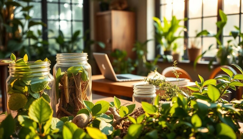 A serene and inviting workspace filled with natural elements, showcasing a neatly arranged collection of natural nootropics such as Ginkgo Biloba leaves, Ashwagandha roots, and Bacopa Monnieri sprigs in the foreground. Elegant glass jars are filled with these colorful herbs, reflecting soft warm light. In the middle ground, a wooden table with a laptop and a journal, hinting at productivity and mindfulness, surrounded by lush green plants, creating a calming atmosphere. In the background, a large window allowing gentle sunlight to stream in, highlighting the tranquil indoor garden, enhancing the mood of cognitive enhancement and longevity through nature. The image is bathed in a soft, golden hour light to evoke a sense of warmth, hope, and clarity. A serene and inviting workspace filled with natural elements, showcasing a neatly arranged collection of natural nootropics such as Ginkgo Biloba leaves, Ashwagandha roots, and Bacopa Monnieri sprigs in the foreground. Elegant glass jars are filled with these colorful herbs, reflecting soft warm light. In the middle ground, a wooden table with a laptop and a journal, hinting at productivity and mindfulness, surrounded by lush green plants, creating a calming atmosphere. In the background, a large window allowing gentle sunlight to stream in, highlighting the tranquil indoor garden, enhancing the mood of cognitive enhancement and longevity through nature. The image is bathed in a soft, golden hour light to evoke a sense of warmth, hope, and clarity.
