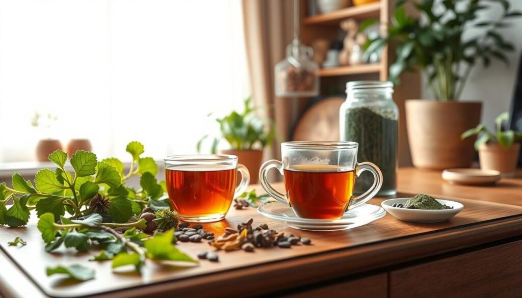 A serene and vibrant workspace showcasing the benefits of natural nootropics. In the foreground, an elegant wooden desk scattered with fresh herbs like ginkgo biloba and ashwagandha, alongside a steaming cup of herbal tea. In the middle ground, a clear glass jar filled with spirulina powder and a small dish of cacao nibs, symbolizing cognitive enhancement. In the background, a bright window allows soft morning sunlight to filter in, creating a warm and inviting atmosphere. Potted plants add a touch of greenery, enhancing the sense of vitality. The overall mood is peaceful yet invigorating, ideal for promoting mental clarity and longevity. The composition is shot from a slightly elevated angle to capture the details effectively, with balanced lighting to highlight the textures and colors of the natural elements. A serene and vibrant workspace showcasing the benefits of natural nootropics. In the foreground, an elegant wooden desk scattered with fresh herbs like ginkgo biloba and ashwagandha, alongside a steaming cup of herbal tea. In the middle ground, a clear glass jar filled with spirulina powder and a small dish of cacao nibs, symbolizing cognitive enhancement. In the background, a bright window allows soft morning sunlight to filter in, creating a warm and inviting atmosphere. Potted plants add a touch of greenery, enhancing the sense of vitality. The overall mood is peaceful yet invigorating, ideal for promoting mental clarity and longevity. The composition is shot from a slightly elevated angle to capture the details effectively, with balanced lighting to highlight the textures and colors of the natural elements.