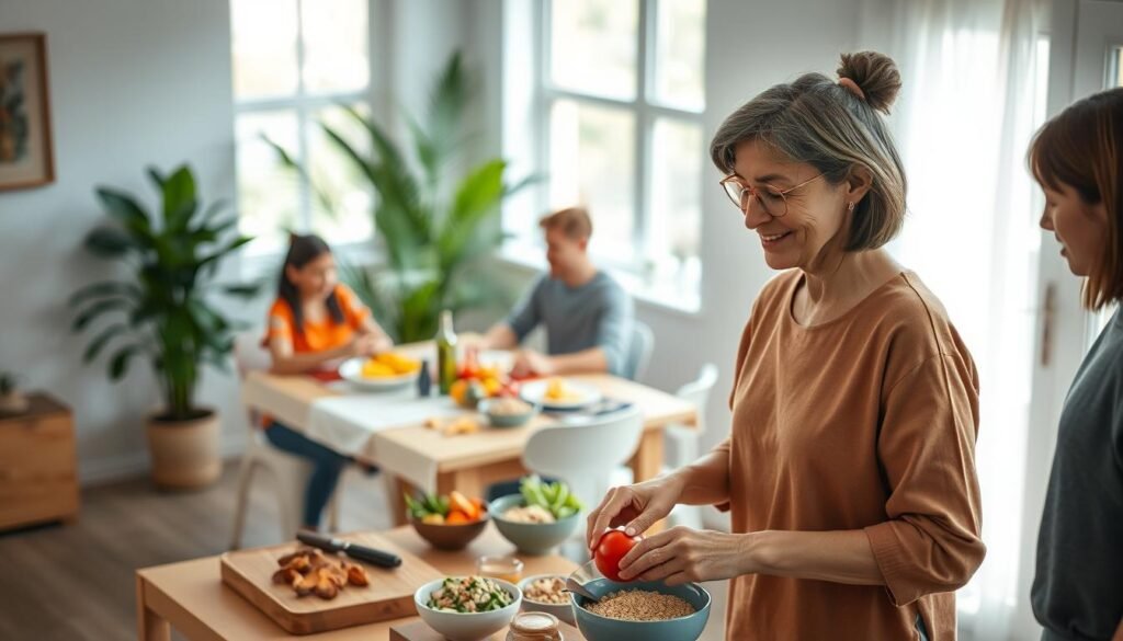 A serene indoor setting showcasing a diverse group of individuals practicing mindfulness while preparing healthy meals. In the foreground, a middle-aged woman with a gentle smile, wearing modest casual clothing, carefully slices fresh vegetables on a wooden chopping board, embodying focus and tranquility. In the middle ground, two individuals are seated at a beautifully arranged dining table filled with colorful fruits, grains, and nutritious dishes, engaging in mindful eating. Soft, natural light streams through a large window, creating a warm and inviting atmosphere. In the background, graceful houseplants add a touch of nature to the scene. The overall mood is calm, encouraging a sense of wellbeing and harmony between mindfulness and nutrition.