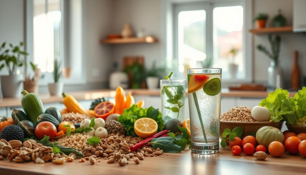 A serene kitchen scene showcasing a beautifully arranged table filled with colorful, healthy foods representing the "Dieta que Imita o Jejum." In the foreground, a vibrant array of fresh vegetables, nuts, and whole grains are meticulously organized, conveying a sense of balance and nutrition. The middle ground features a glass of infused water with lemon and herbs, symbolizing hydration and cleansing. In the background, soft natural light filters through a window, casting gentle shadows and creating an inviting atmosphere. The kitchen decor is modern and minimalist, with potted plants adding a touch of life. The overall mood is calm, inspiring wellness and longevity, inviting viewers to explore the concept of dietary balance.