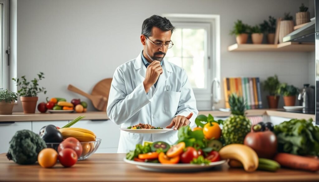 A serene kitchen setting with an emphasis on healthy eating habits, showcasing a diverse array of colorful fruits and vegetables artfully arranged on a wooden table in the foreground. In the middle ground, a professional nutritionist, dressed in a lab coat, thoughtfully examines a plate of meticulously prepared dishes that highlight balanced nutrition. Soft, natural light filters through a kitchen window, illuminating the scene and casting gentle shadows. The background features a clean, modern kitchen with herbs growing in pots and cookbooks on the shelf, enhancing the atmosphere of wellness and longevity. The overall mood is inviting and inspiring, emphasizing the importance of nutrition for health and vitality.