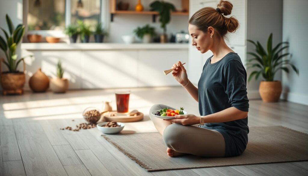 A serene scene depicting the benefits of mindfulness in eating. In the foreground, a person sits cross-legged on a comfortable mat, engaged in mindful eating, delicately savoring a colorful, healthful plate of fresh fruits and vegetables, reflecting focus and tranquility. In the middle layer, a beautifully arranged table showcases wholesome foods like whole grains, nuts, and herbal teas, adorned with soft natural light, creating an inviting atmosphere. The background features a calm kitchen setting with plants and warm, natural sunlight filtering through the window, emphasizing a healthy lifestyle. The overall mood is peaceful and reflective, capturing the essence of mindfulness and its positive impact on nutrition, showcasing balance and health.