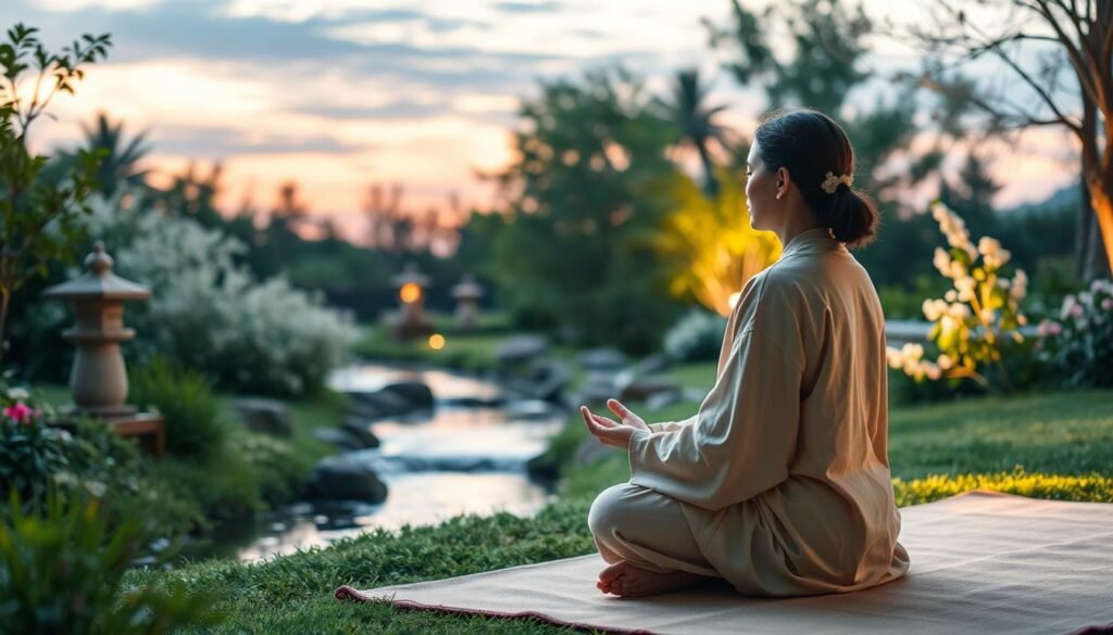 A serene scene depicting various relaxation techniques to improve sleep quality. In the foreground, a person practicing meditation in a peaceful garden, dressed in comfortable, modest clothing, sitting cross-legged on a soft mat. In the middle, a gentle stream flows beside them, surrounded by lush greenery and softly blooming flowers. Stone lanterns and soft, ambient lighting create a calming atmosphere. The background showcases a twilight sky with soft pastel colors, hinting at sunset, enhancing a sense of tranquility. The focus is on soft natural lighting, casting gentle shadows, evoking relaxation and well-being. The overall mood is peaceful and inviting, perfect for illustrating techniques to promote better sleep quality.