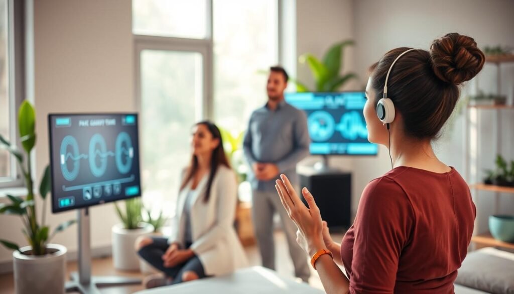A tranquil, modern wellness studio setting, where a diverse group of three individuals are engaged in a biofeedback session. In the foreground, a woman in professional attire wears a biosensor device while observing real-time feedback on a sleek digital monitor. The middle ground features a calm male instructor guiding the session, demonstrating relaxation techniques. The background showcases soft, natural light filtering through large windows, illuminating plants and wellness equipment, creating a peaceful atmosphere. Use a warm color palette with highlights of green to evoke harmony and health. A shallow depth of field focuses on the participants, adding a sense of intimacy to the learning environment, while the overall mood reflects a serene and motivational experience.