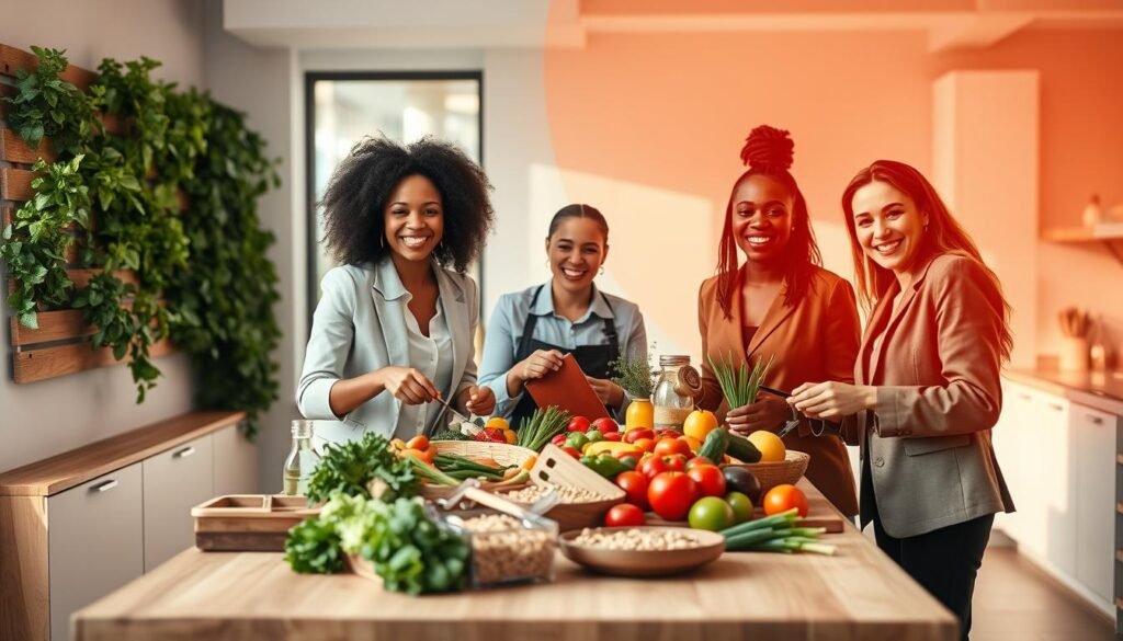 A vibrant and engaging scene depicting sustainable eating habits. The foreground features a diverse group of three individuals, dressed in professional business attire, joyfully preparing a colorful meal together in a well-lit, modern kitchen. In the middle background, a large wooden table is adorned with an array of fresh fruits, vegetables, and whole grains, symbolizing healthy choices. To the left, there's a vertical garden with herbs and greens growing, emphasizing the concept of local and organic produce. The lighting is warm and inviting, enhancing the atmosphere of collaboration and wellness. The overall mood is positive and inspiring, showcasing the joy of healthy eating and the building of sustainable food habits. A vibrant and engaging scene depicting sustainable eating habits. The foreground features a diverse group of three individuals, dressed in professional business attire, joyfully preparing a colorful meal together in a well-lit, modern kitchen. In the middle background, a large wooden table is adorned with an array of fresh fruits, vegetables, and whole grains, symbolizing healthy choices. To the left, there's a vertical garden with herbs and greens growing, emphasizing the concept of local and organic produce. The lighting is warm and inviting, enhancing the atmosphere of collaboration and wellness. The overall mood is positive and inspiring, showcasing the joy of healthy eating and the building of sustainable food habits.