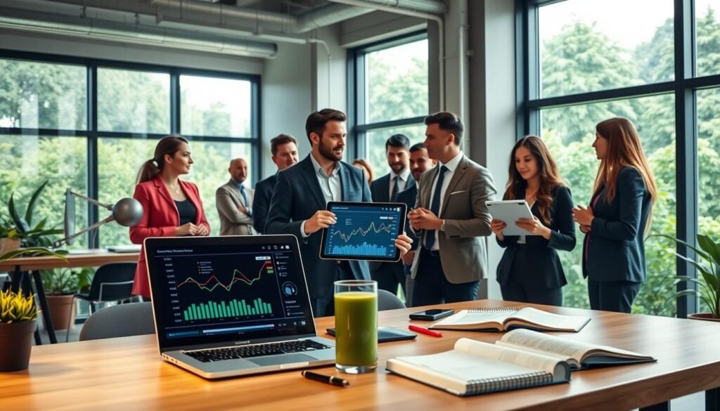 A vibrant and modern workspace illustrating biohacking strategies for longevity. In the foreground, a well-organized desk features a laptop displaying health analytics, a glass of green smoothie, and a journal filled with notes. The middle ground presents a diverse group of professionals in smart casual attire engaged in thoughtful discussion, with one person holding a digital tablet showcasing cutting-edge health metrics. In the background, large windows illuminate the space with natural light, revealing a lush green landscape outside, symbolizing health and vitality. The atmosphere is energizing and focused, emphasizing innovation and wellness in the pursuit of longevity. The lighting is bright and uplifting, promoting a sense of clarity and purpose. A vibrant and modern workspace illustrating biohacking strategies for longevity. In the foreground, a well-organized desk features a laptop displaying health analytics, a glass of green smoothie, and a journal filled with notes. The middle ground presents a diverse group of professionals in smart casual attire engaged in thoughtful discussion, with one person holding a digital tablet showcasing cutting-edge health metrics. In the background, large windows illuminate the space with natural light, revealing a lush green landscape outside, symbolizing health and vitality. The atmosphere is energizing and focused, emphasizing innovation and wellness in the pursuit of longevity. The lighting is bright and uplifting, promoting a sense of clarity and purpose.