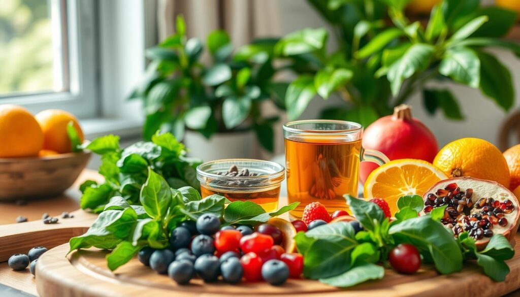 A vibrant arrangement of healthy foods combating stress, featuring fresh fruits like oranges, blueberries, and pomegranates, alongside leafy greens such as spinach and kale. In the foreground, a wooden cutting board displays a colorful array of these items, with a glass of herbal tea and a small bowl of nuts. In the middle, an artisan wooden table adds warmth, while gentle sunlight streams in from a nearby window, creating a soft, inviting atmosphere. In the background, a lush green indoor plant enhances the natural feel. The composition should evoke tranquility and nourishment, emphasizing the importance of healthy eating in stress management. Use a soft focus lens to capture the details of the food while maintaining a warm and calming ambiance. A vibrant arrangement of healthy foods combating stress, featuring fresh fruits like oranges, blueberries, and pomegranates, alongside leafy greens such as spinach and kale. In the foreground, a wooden cutting board displays a colorful array of these items, with a glass of herbal tea and a small bowl of nuts. In the middle, an artisan wooden table adds warmth, while gentle sunlight streams in from a nearby window, creating a soft, inviting atmosphere. In the background, a lush green indoor plant enhances the natural feel. The composition should evoke tranquility and nourishment, emphasizing the importance of healthy eating in stress management. Use a soft focus lens to capture the details of the food while maintaining a warm and calming ambiance.