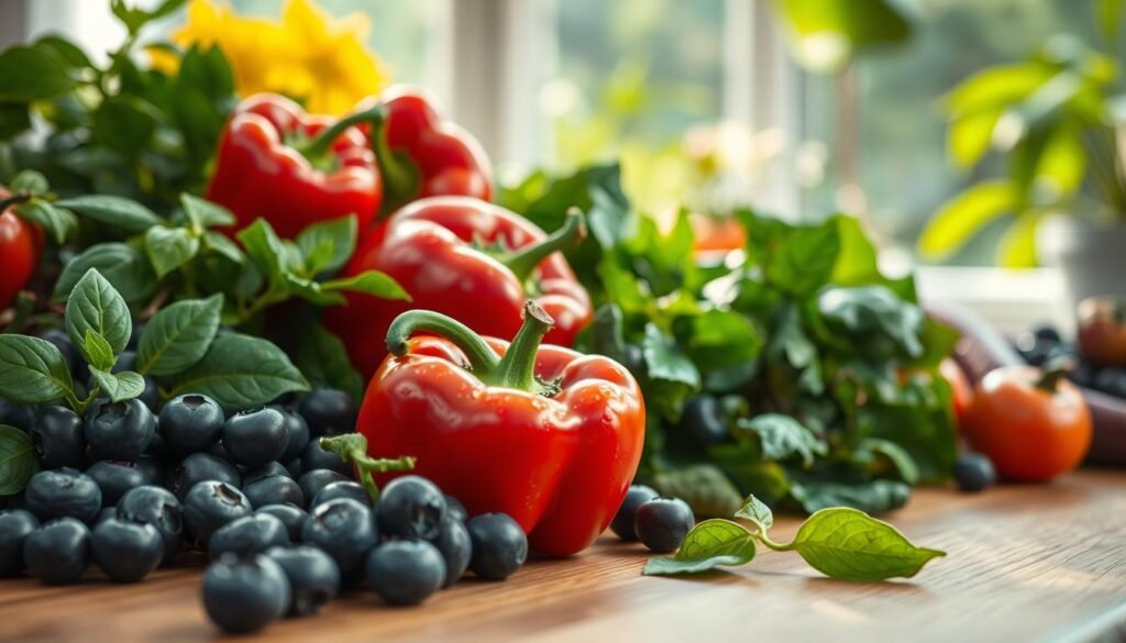 A vibrant, artistic representation of phytochemicals, showcasing a variety of colorful fruits and vegetables in a dynamic composition. In the foreground, include fresh, juicy blueberries, red bell peppers, and dark leafy greens, finely detailed with droplets of water to convey freshness. The middle ground should feature a smooth wooden table where these plants are arranged, emphasizing their natural textures and colors. In the background, softly blurred, display an indoor garden with soft natural light filtering through a window, casting gentle shadows on the scene, creating a serene and healthy atmosphere. The overall mood should be lively and enlightening, encouraging awareness of the importance of phytochemicals in nutrition and health. A vibrant, artistic representation of phytochemicals, showcasing a variety of colorful fruits and vegetables in a dynamic composition. In the foreground, include fresh, juicy blueberries, red bell peppers, and dark leafy greens, finely detailed with droplets of water to convey freshness. The middle ground should feature a smooth wooden table where these plants are arranged, emphasizing their natural textures and colors. In the background, softly blurred, display an indoor garden with soft natural light filtering through a window, casting gentle shadows on the scene, creating a serene and healthy atmosphere. The overall mood should be lively and enlightening, encouraging awareness of the importance of phytochemicals in nutrition and health.