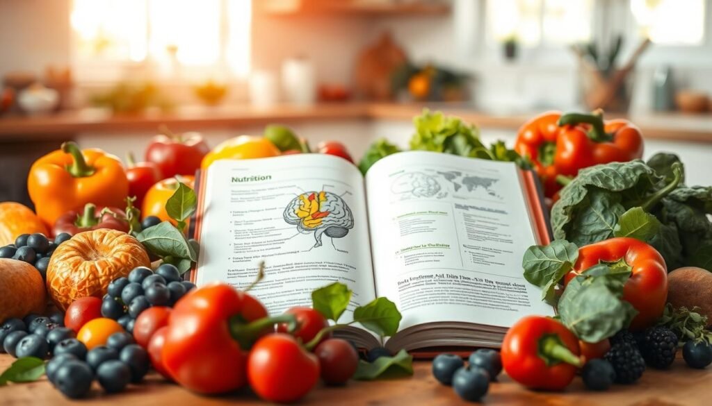 A vibrant composition depicting the theme of phytochemicals and brain health. In the foreground, a diverse array of colorful fruits and vegetables rich in phytochemicals—such as blueberries, spinach, and bell peppers—are artistically arranged on a wooden table. In the middle, showcase an open book on nutrition, revealing illustrations of the brain and neurotransmitter connections with highlighted sections about phytochemicals. The background features a soft-focus, serene kitchen setting with sunlight filtering through, creating a warm and inviting atmosphere. Use warm, natural lighting to enhance the colors of the produce, and a shallow depth of field to add focus to the foreground elements. The overall mood should feel optimistic and health-focused, inspiring viewers about the connection between diet and brain wellness. A vibrant composition depicting the theme of phytochemicals and brain health. In the foreground, a diverse array of colorful fruits and vegetables rich in phytochemicals—such as blueberries, spinach, and bell peppers—are artistically arranged on a wooden table. In the middle, showcase an open book on nutrition, revealing illustrations of the brain and neurotransmitter connections with highlighted sections about phytochemicals. The background features a soft-focus, serene kitchen setting with sunlight filtering through, creating a warm and inviting atmosphere. Use warm, natural lighting to enhance the colors of the produce, and a shallow depth of field to add focus to the foreground elements. The overall mood should feel optimistic and health-focused, inspiring viewers about the connection between diet and brain wellness.