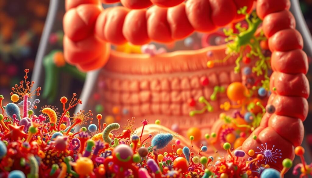 A vibrant, detailed illustration of the intestinal microbiota, showcasing a diverse array of microscopic organisms, such as bacteria, fungi, and protozoa, interacting harmoniously within a stylized depiction of the human intestine. In the foreground, brightly colored bacteria and microorganisms are depicted in close-up, providing an intricate view of their shapes and structures. The middle ground features a cross-section of the intestinal wall, highlighting its textures and lining. The background is softly blurred, symbolizing the human body, with a warm, inviting light casting a gentle glow over the scene. The overall mood should evoke a sense of vitality and connection between the microbiota and health, suggesting a rich ecosystem essential for well-being. The composition should be dynamic yet balanced, focused on the complexity and beauty of the intestinal microbiota.