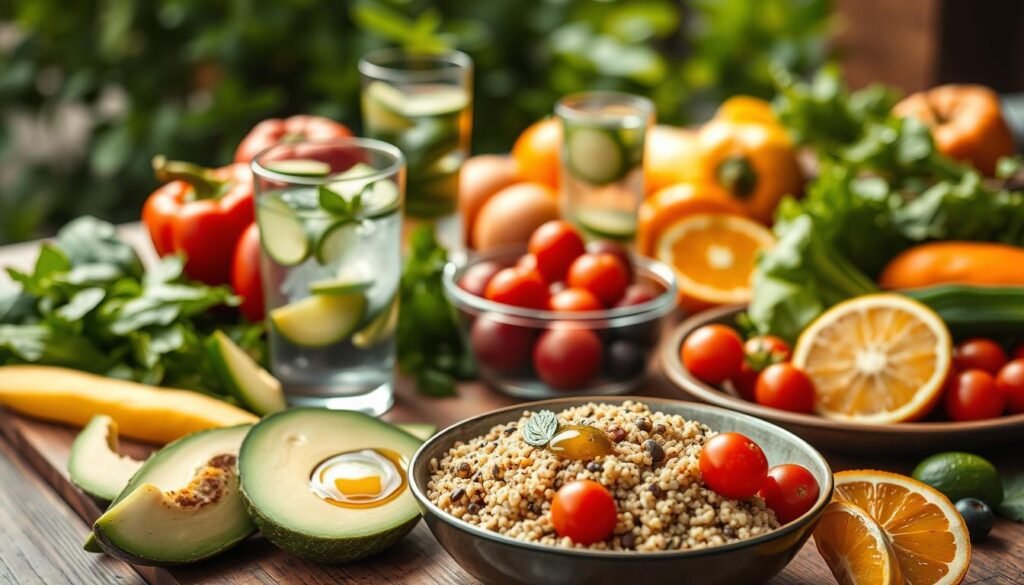 A vibrant, healthy meal spread across a rustic wooden table, showcasing an array of colorful, fresh vegetables like bell peppers, leafy greens, and slices of avocado. In the foreground, a bowl of quinoa topped with cherry tomatoes and a drizzle of olive oil glistens under soft natural light. In the middle, a glass of infused water with cucumber and mint complements the meals, while whole fruits like oranges and berries add a pop of color. The background features faintly blurred greenery, representing a calm outdoor setting to convey serenity. The atmosphere is inviting and soothing, symbolizing nourishment as a means to combat stress and enhance well-being. Warm, soft lighting enhances the wholesome feel of the composition. A vibrant, healthy meal spread across a rustic wooden table, showcasing an array of colorful, fresh vegetables like bell peppers, leafy greens, and slices of avocado. In the foreground, a bowl of quinoa topped with cherry tomatoes and a drizzle of olive oil glistens under soft natural light. In the middle, a glass of infused water with cucumber and mint complements the meals, while whole fruits like oranges and berries add a pop of color. The background features faintly blurred greenery, representing a calm outdoor setting to convey serenity. The atmosphere is inviting and soothing, symbolizing nourishment as a means to combat stress and enhance well-being. Warm, soft lighting enhances the wholesome feel of the composition.