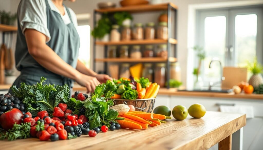 A vibrant, well-organized kitchen setting focused on healthy habits. In the foreground, a wooden table is adorned with an array of colorful, fresh fruits and vegetables, like kale, berries, carrots, and avocados. A person in modest casual clothing, preparing a colorful salad, conveys an atmosphere of health and wellness. In the middle ground, a well-stocked pantry showcases jars of whole grains and nuts, emphasizing balanced eating. The background features large windows letting in warm, natural lighting, creating an inviting and cheerful atmosphere. Soft focus on the background adds depth, while bright colors punctuate the image, inspiring viewers to adopt healthier lifestyles. The visual mood reflects positivity, vitality, and the joy of eating well. A vibrant, well-organized kitchen setting focused on healthy habits. In the foreground, a wooden table is adorned with an array of colorful, fresh fruits and vegetables, like kale, berries, carrots, and avocados. A person in modest casual clothing, preparing a colorful salad, conveys an atmosphere of health and wellness. In the middle ground, a well-stocked pantry showcases jars of whole grains and nuts, emphasizing balanced eating. The background features large windows letting in warm, natural lighting, creating an inviting and cheerful atmosphere. Soft focus on the background adds depth, while bright colors punctuate the image, inspiring viewers to adopt healthier lifestyles. The visual mood reflects positivity, vitality, and the joy of eating well.