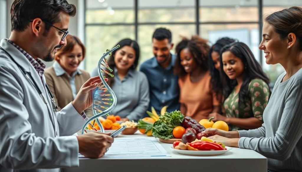 A visually striking representation of personalized nutrition, featuring a diverse group of individuals engaged in a consultation with a nutritionist. In the foreground, a nutritionist in professional attire is analyzing a DNA helix model, surrounded by colorful fruits, vegetables, and a digital display showing genetic information. In the middle ground, a table holds personalized meal plans and food samples, illustrating the connection between DNA and nutrition. The background showcases a modern clinic with soft, natural lighting filtering through large windows, creating a warm and welcoming atmosphere. The scene conveys a sense of innovation and hope, emphasizing the importance of tailored dietary choices for longevity and health.