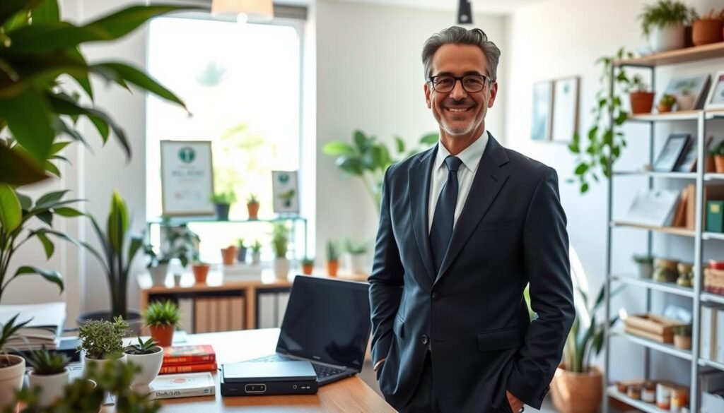 Dr. Jô Furlan, a distinguished figure in behavioral nutrition, stands confidently in a well-lit, modern office environment filled with plants and health-focused decor. He is dressed in professional business attire, exuding expertise and approachability. In the foreground, a wooden desk showcases nutrition books, a laptop, and a small biofeedback device. The middle ground features shelves filled with healthy food samples and wellness certifications, while a large window in the background allows natural light to flood the space, creating an inviting atmosphere. The mood is calm and inspiring, emphasizing the intersection of science and holistic health. The camera angle captures Dr. Furlan from a slightly elevated perspective, enhancing his authoritative presence as a pioneer in his field.